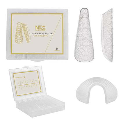 120-piece dual system nail forms for polygel and acrygel extensions, featuring 12 sizes in a professional organizer case.