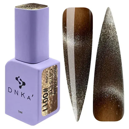 DNKa Bohemian Cat Eye Gel Polish 0011 warm brown magnetic gel polish with silver cat eye effect and nail swatches