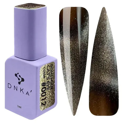 DNKa Bohemian Cat Eye Gel Polish 0012 bronze gold magnetic gel polish with shimmering silver cat eye effect and nail swatches
