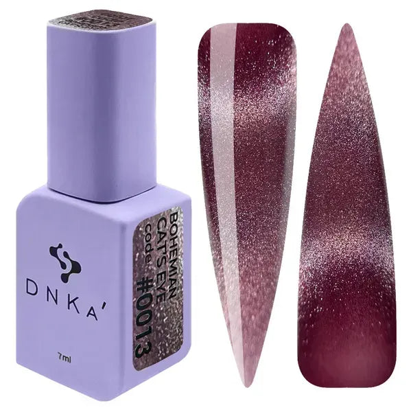 DNKa Bohemian Cat Eye Gel Polish 0013 burgundy magnetic gel polish with shimmering cat eye effect and nail swatches