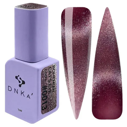 DNKa Bohemian Cat Eye Gel Polish 0013 burgundy magnetic gel polish with shimmering cat eye effect and nail swatches