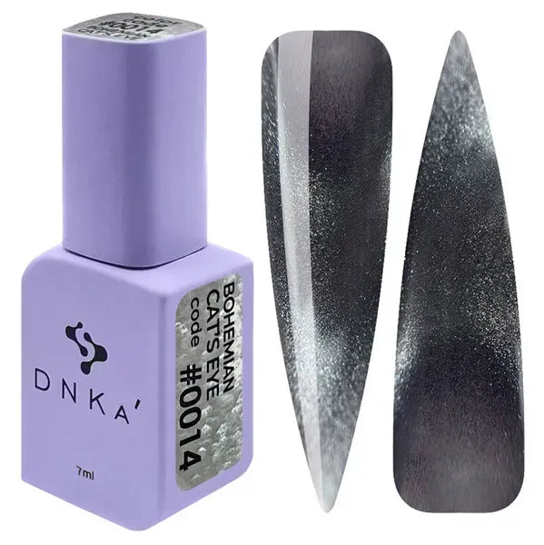 DNKa Bohemian Cat Eye Gel Polish 0014 charcoal black magnetic gel polish with silver cat eye effect and nail swatches