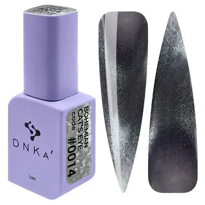 DNKa Bohemian Cat Eye Gel Polish 0014 charcoal black magnetic gel polish with silver cat eye effect and nail swatches