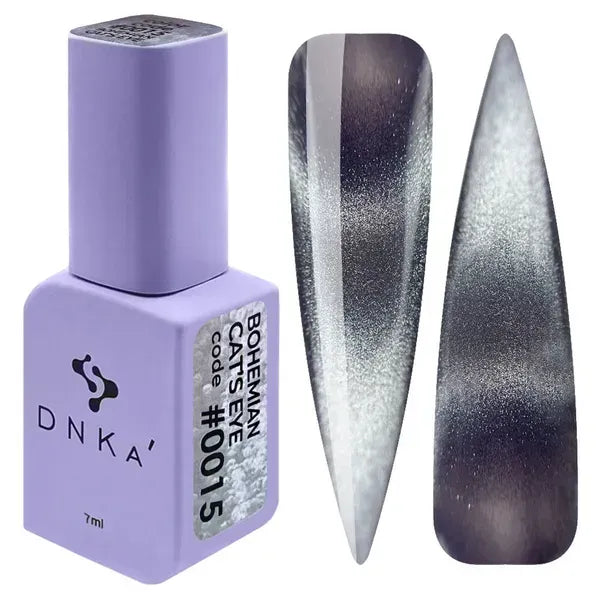 DNKa Bohemian Cat Eye Gel Polish 0015 smoky purple magnetic gel polish with bright silver cat eye effect and nail swatches