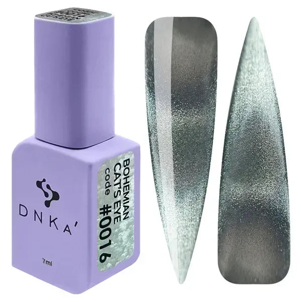 DNKa Bohemian Cat Eye Gel Polish 0016 steel gray magnetic gel polish with cool silver cat eye shimmer and nail swatches
