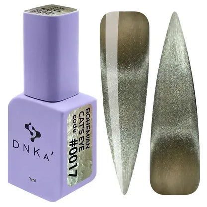 DNKa Bohemian Cat Eye Gel Polish 0017 olive green magnetic gel polish with silver cat eye shimmer and nail swatches