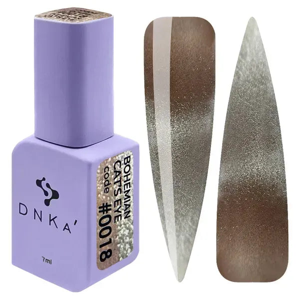 DNKa Bohemian Cat Eye Gel Polish 0018 taupe brown magnetic gel polish with fine silver cat eye shimmer and nail swatches