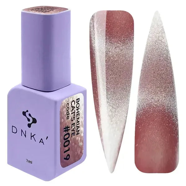 DNKa Bohemian Cat Eye Gel Polish 0019 dusty rose pink magnetic gel polish with silver cat eye shimmer and nail swatches