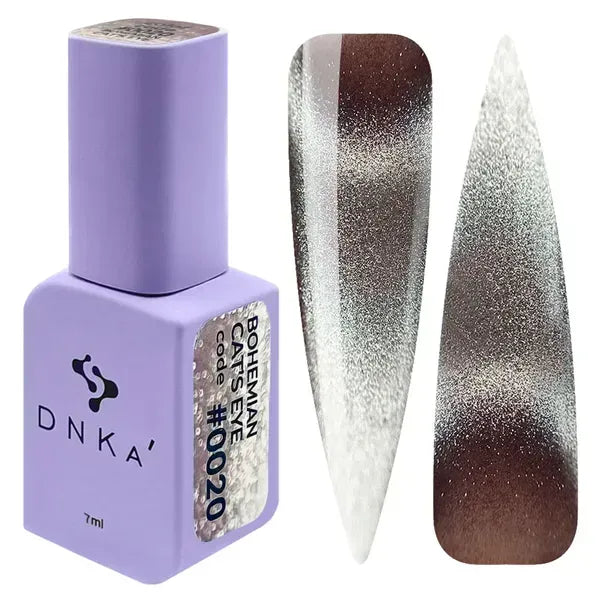 DNKa Bohemian Cat Eye Gel Polish 0020 mauve brown magnetic gel polish with bright silver cat eye effect and nail swatches