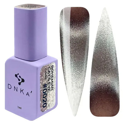 DNKa Bohemian Cat Eye Gel Polish 0020 mauve brown magnetic gel polish with bright silver cat eye effect and nail swatches