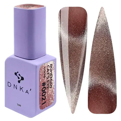 DNKa Bohemian Cat Eye Gel Polish 0021 rose brown magnetic gel polish with silver cat eye effect and nail swatches