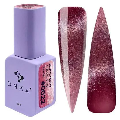 DNKa Bohemian Cat Eye Gel Polish 0022 berry pink magnetic gel polish with shimmering cat eye effect and nail swatches
