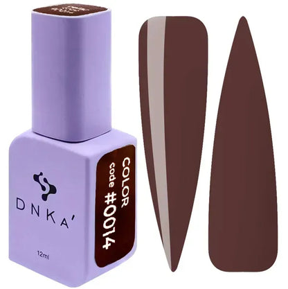 DNKa Gel Polish Color 0014 Dark Chocolate bottle and brown swatches, 12 ml