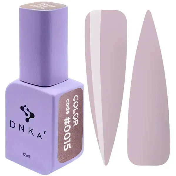 DNKa Gel Polish Color 0015 Lavender Gray bottle and gray-purple swatches, 12 ml