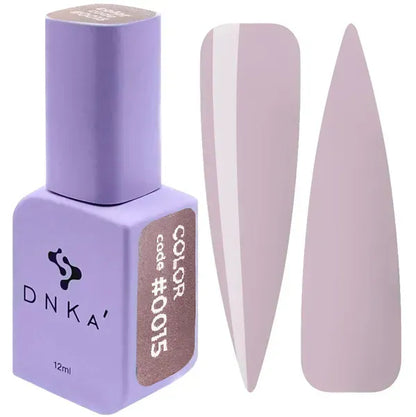 DNKa Gel Polish Color 0015 Lavender Gray bottle and gray-purple swatches, 12 ml