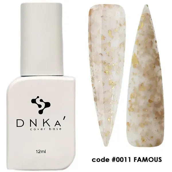 DNKa Rubber Base French 0011 Famous milky white rubber base with gold flakes, 12 ml bottle and nail swatches