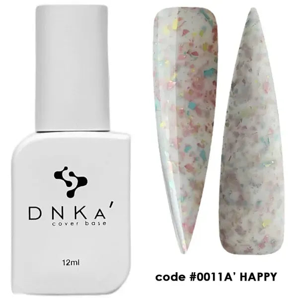 DNKa Rubber Base French 0011A Happy milky white rubber base with pastel multicolor flakes, 12 ml bottle and nail swatches