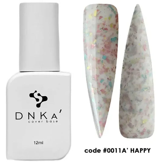 DNKa Rubber Base French 0011A Happy milky white rubber base with pastel multicolor flakes, 12 ml bottle and nail swatches