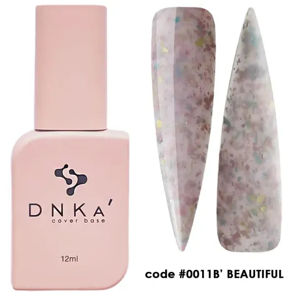 DNKa Rubber Base French 0011B Beautiful milky lilac rubber base with pastel multicolor flakes, 12 ml bottle and nail swatches