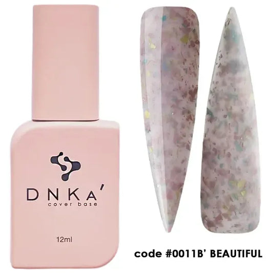 DNKa Rubber Base French 0011B Beautiful milky lilac rubber base with pastel multicolor flakes, 12 ml bottle and nail swatches
