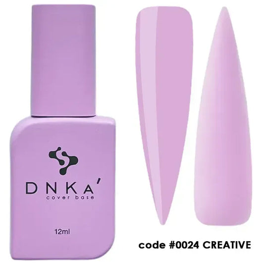 DNKa Rubber Base French 0024 Creative pastel lilac self-leveling rubber base, 12 ml bottle and nail swatches