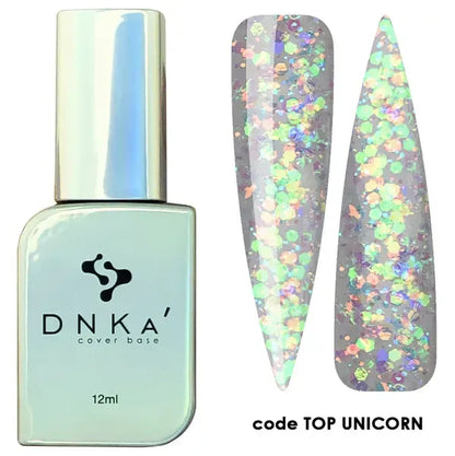DNKa Top Unicorn multicolor glitter gel top coat swatch on black tip