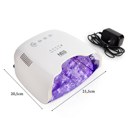 NEW NAILS Professional 80W rechargeable UV/LED nail lamp with dimensions 20.5cm by 21.5cm, and power adapter