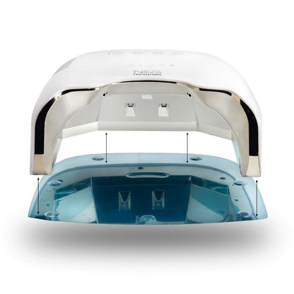 Rechargeable UV/LED nail lamp disassembled, showing white top cover and removable blue base for professional gel curing