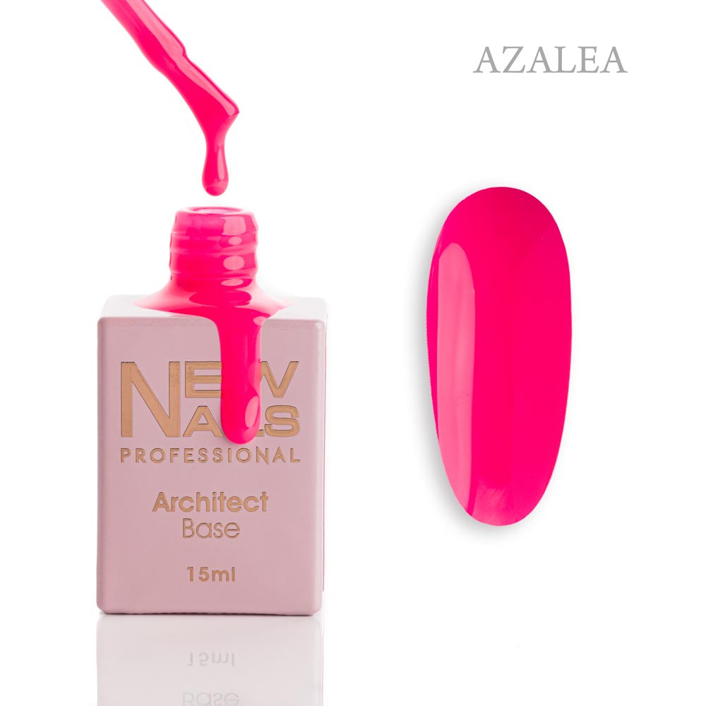 New Nails Professional Architect Base Azalea 15 ml bottle, brush and vibrant hot pink rubber base gel swatch