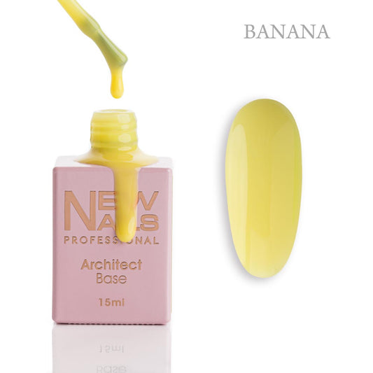 New Nails Professional Architect Base Banana 15 ml bottle, brush and banana yellow rubber base gel swatch