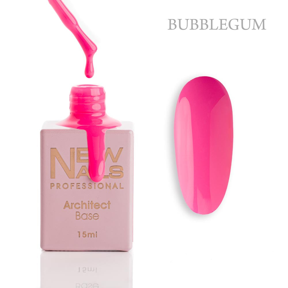 New Nails Professional Architect Base Bubblegum 15 ml bottle, brush and vibrant bubblegum pink rubber base gel swatch
