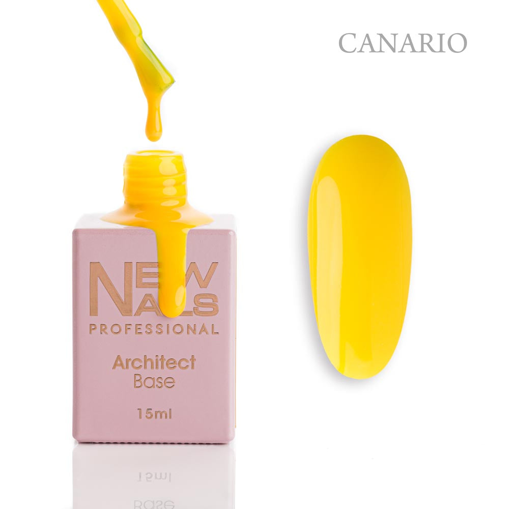 New Nails Professional Architect Base Canario 15 ml bottle, brush and vivid canary yellow rubber base gel swatch