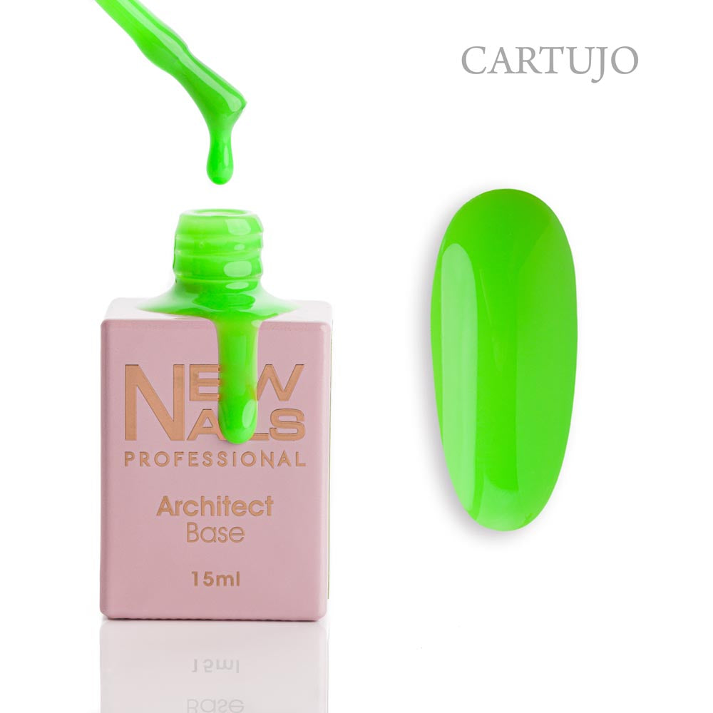 New Nails Professional Architect Base Cartujo 15 ml bottle, brush and vivid lime green rubber base gel swatch