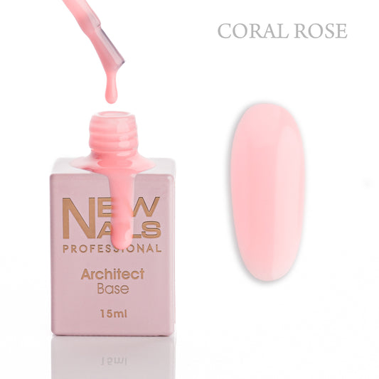New Nails Professional Architect Base Coral Rose 15 ml bottle, brush and soft coral pink rubber base gel swatch