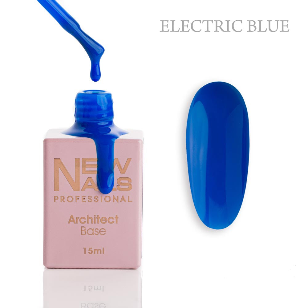 New Nails Professional Architect Base Electric Blue 15 ml bottle, brush and vivid blue rubber base gel swatch