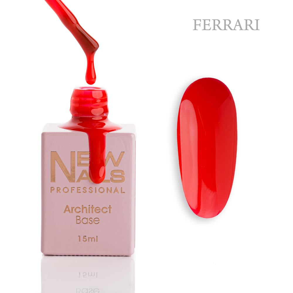 New Nails Professional Architect Base Ferrari 15 ml bottle, brush and vibrant red rubber base gel swatch