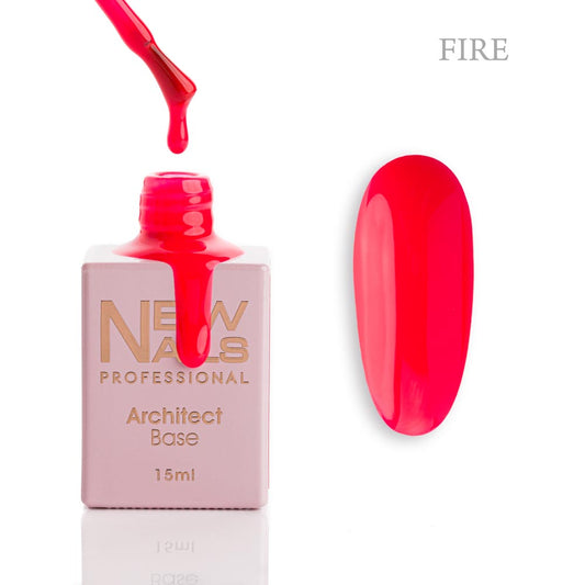 New Nails Professional Architect Base Fire 15 ml bottle, brush and vibrant red rubber base gel swatch