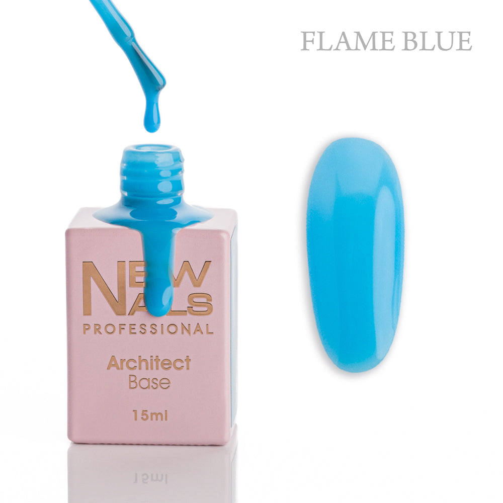 New Nails Professional Architect Base Flame Blue 15 ml bottle, brush and bright turquoise blue rubber base gel swatch