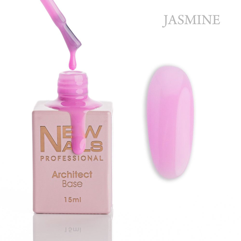 New Nails Professional Architect Base Jasmine 15 ml bottle, brush and soft pink-lilac rubber base gel swatch