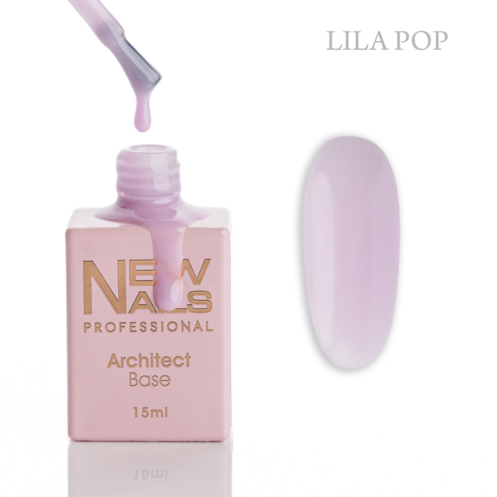 New Nails Professional Architect Base Lila Pop 15 ml bottle, brush and soft lilac rubber base gel swatch