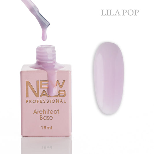 New Nails Professional Architect Base Lila Pop 15 ml bottle, brush and soft lilac rubber base gel swatch
