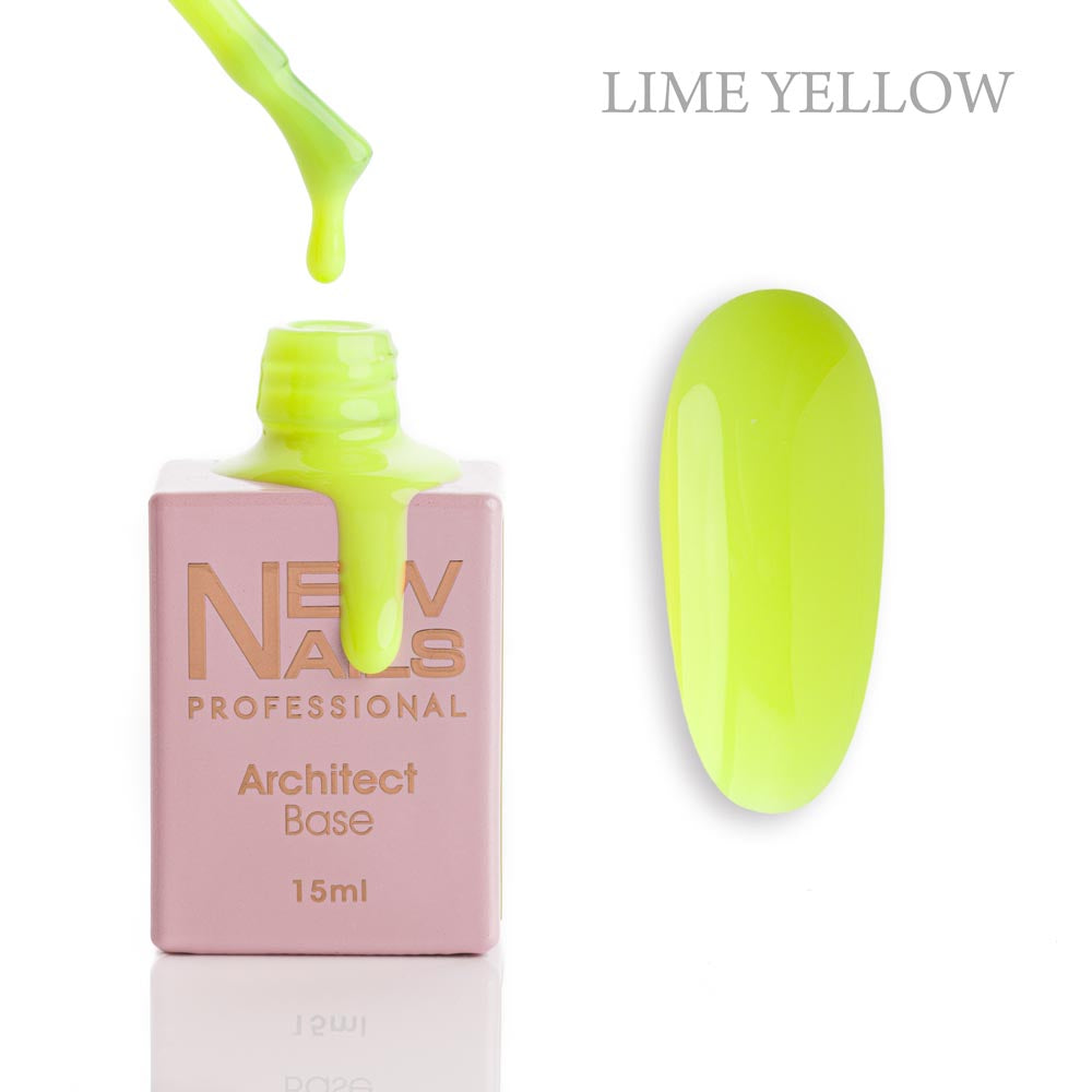 New Nails Professional Architect Base Lime Yellow 15 ml bottle, brush and vibrant lime yellow rubber base gel swatch