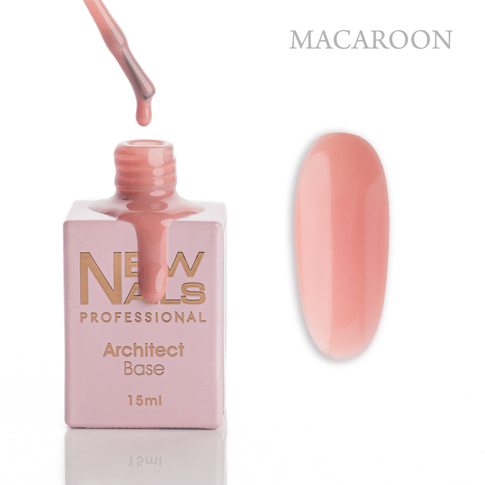 New Nails Professional Architect Base Macaroon 15 ml bottle, brush and peach-pink rubber base gel color swatch
