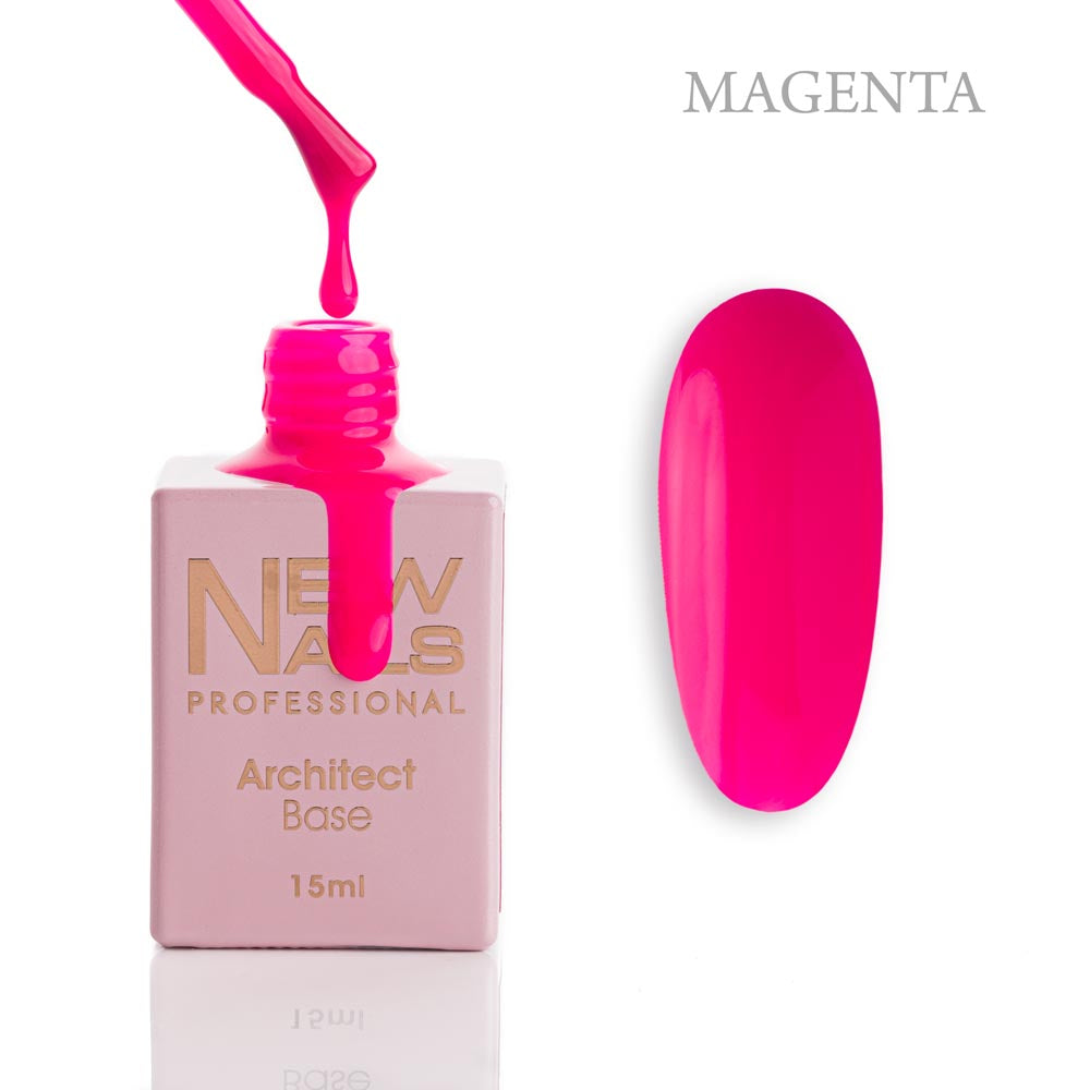 New Nails Professional Architect Base Magenta 15 ml bottle, brush and vibrant magenta rubber base gel swatch