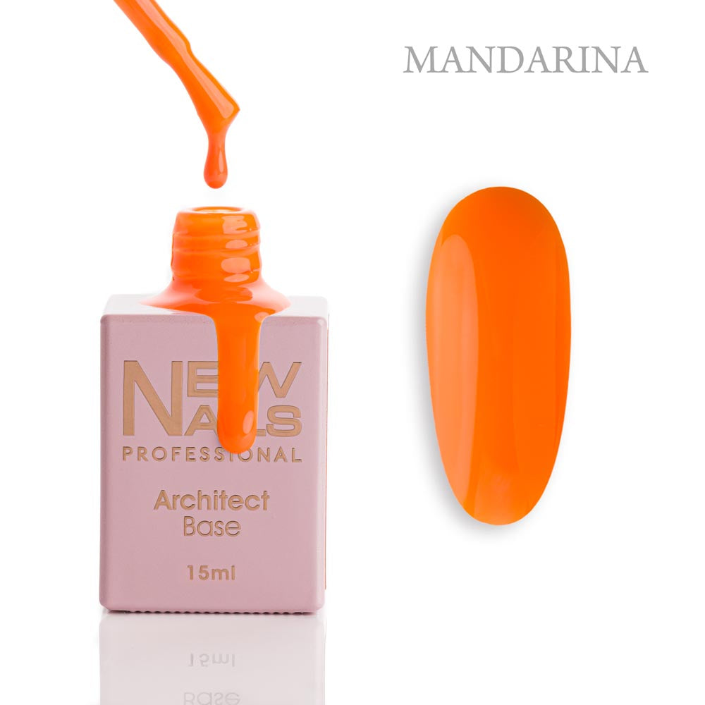 New Nails Professional Architect Base Mandarina 15 ml bottle, brush and vibrant tangerine orange rubber base gel swatch