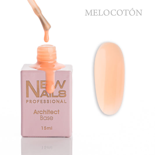 New Nails Professional Architect Base Melocotón 15 ml bottle, brush and soft peach rubber base gel swatch