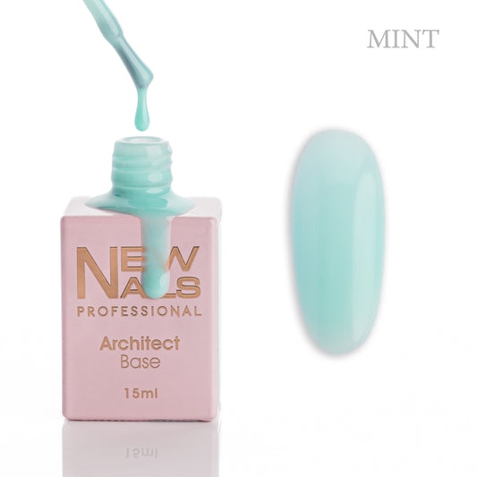 New Nails Professional Architect Base Mint 15 ml bottle, brush and pastel mint green rubber base gel swatch