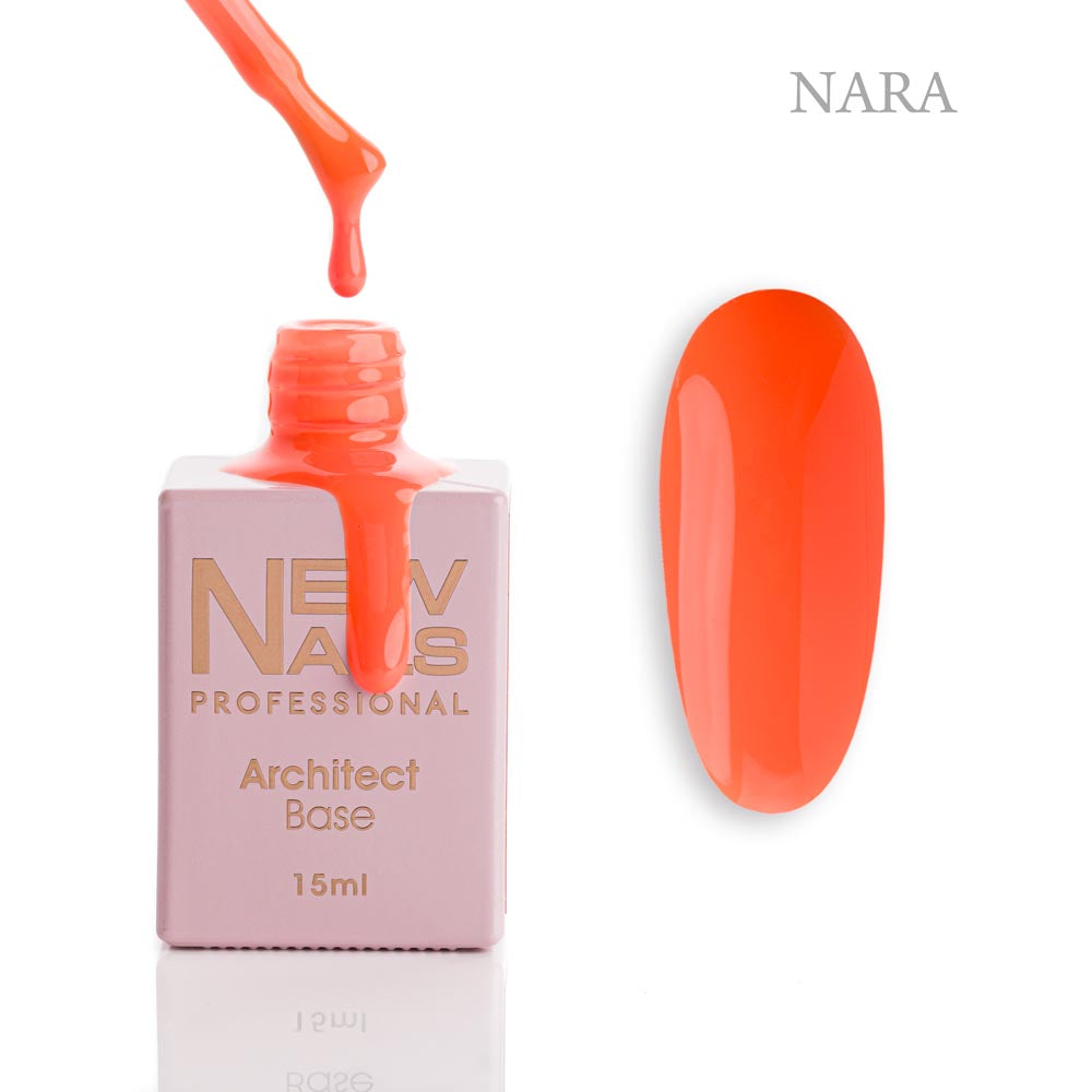 New Nails Professional Architect Base Nara 15 ml bottle, brush and vibrant coral orange rubber base gel swatch
