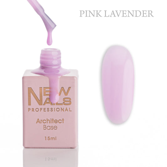 New Nails Professional Architect Base Pink Lavender 15 ml bottle, brush and soft pink-lavender rubber base gel swatch