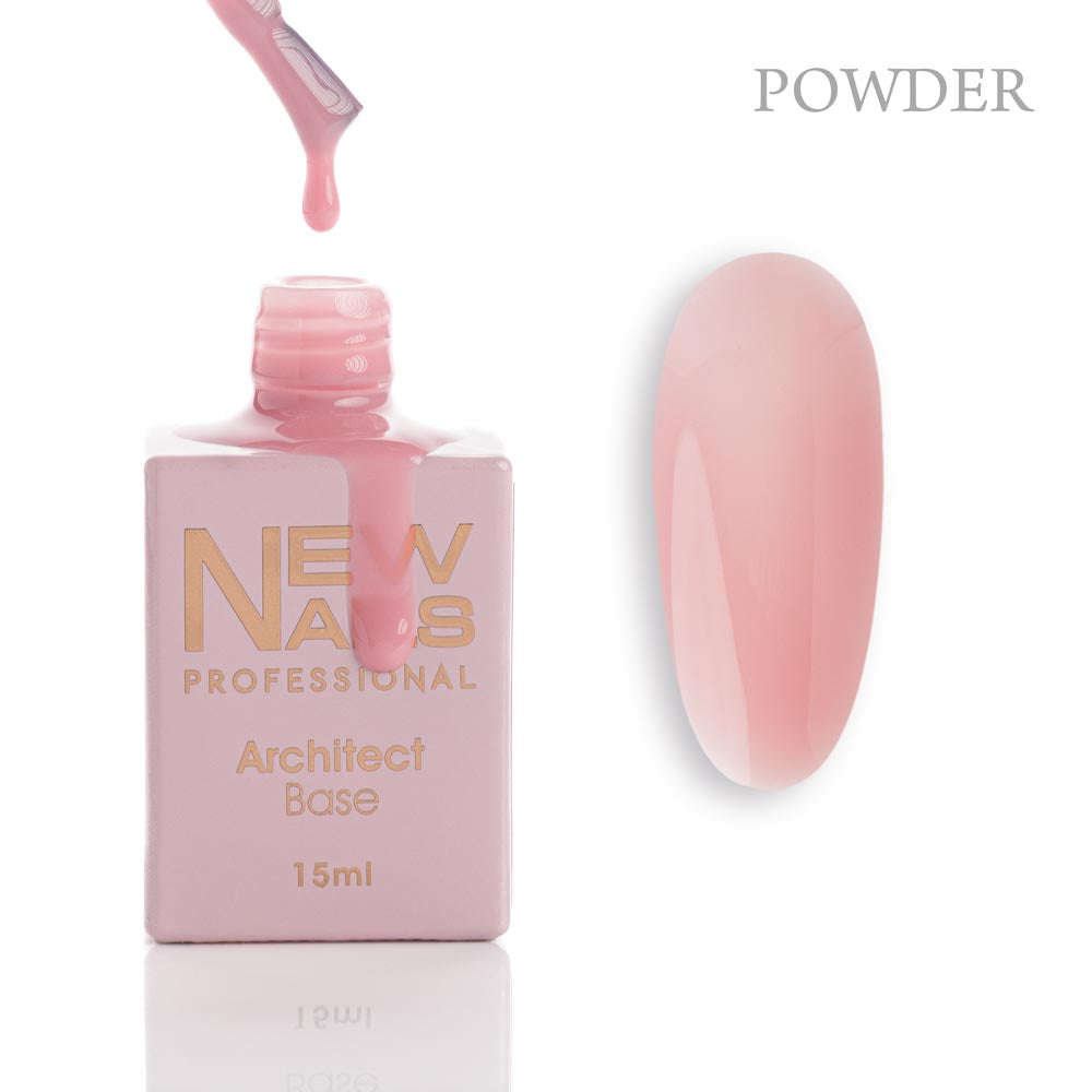 New Nails Professional Architect Base Powder 15 ml bottle, brush and powder pink rubber base gel swatch